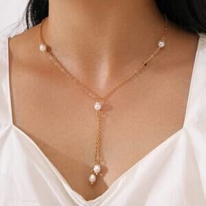 2/$24 NEW Boho Festival Gold Layered Pearl Dangle Chain Necklace Dainty 113